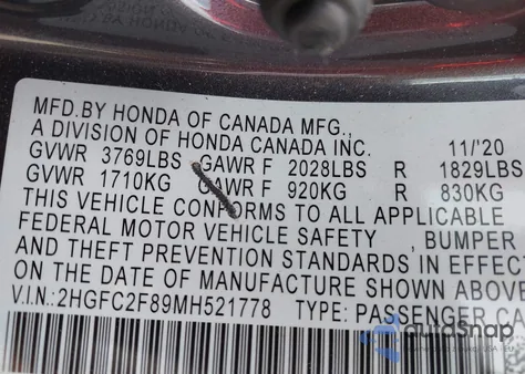 2021 Honda Civic Sport from USA, damaged, VIN 2HGFC2F89MH521778
